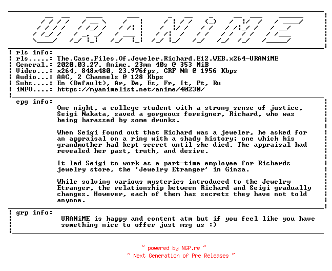 NFO for the release The.Case.Files.Of.Jeweler.Richard.E12.WEB.x264-URANiME by URANiME
