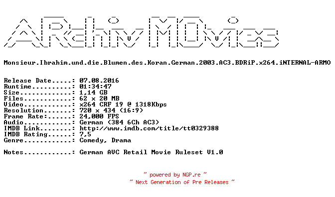 NFO for the release Monsieur.Ibrahim.und.die.Blumen.des.Koran.German.2003.AC3.BDRiP.x264.iNTERNAL-ARMO by ARMO