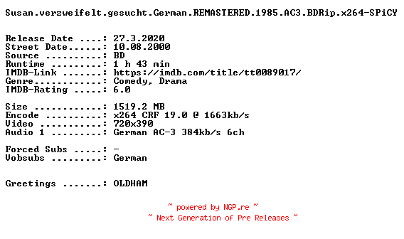 NFO for the release Susan.verzweifelt.gesucht.German.REMASTERED.1985.AC3.BDRip.x264-SPiCY by SPiCY