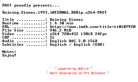 NFO for the release Raining.Stones.1993.iNTERNAL.BDRip.x264-PAST by PAST