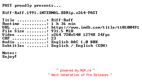 NFO for the release Riff-Raff.1991.iNTERNAL.BDRip.x264-PAST by PAST