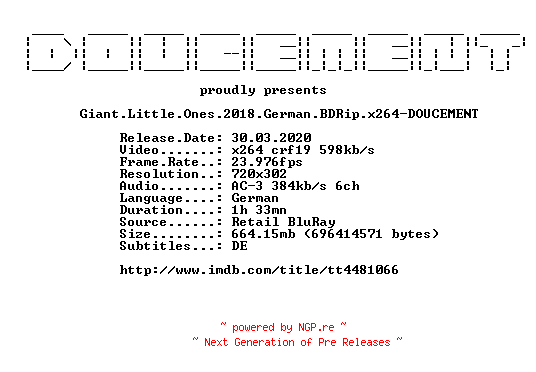 NFO for the release Giant.Little.Ones.2018.German.BDRip.x264-DOUCEMENT by DOUCEMENT