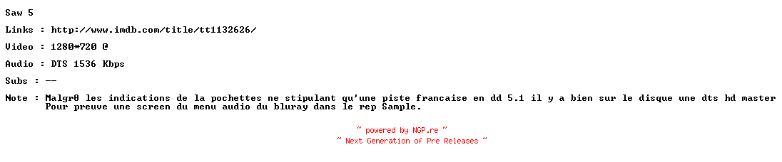 NFO for the release Saw.V.720p.FRENCH.BluRay.x264-ForceBleue by ForceBleue