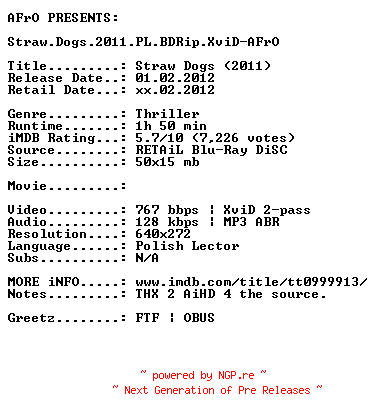 NFO for the release Straw.Dogs.2011.PL.BDRip.XviD-AFrO by AFrO