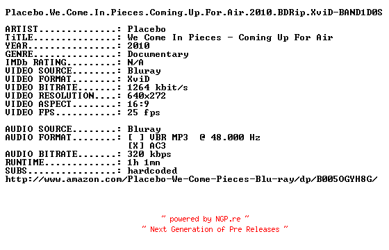 NFO for the release Placebo.We.Come.In.Pieces.Coming.Up.For.Air.2010.BDRip.XviD-BAND1D0S by BAND1D0S