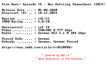 NFO for the release Star.Wars.Episode.IX.Der.Aufstieg.Skywalkers.German.2019.AC3.BDRip.x264-COiNCiDENCE by COiNCiDENCE