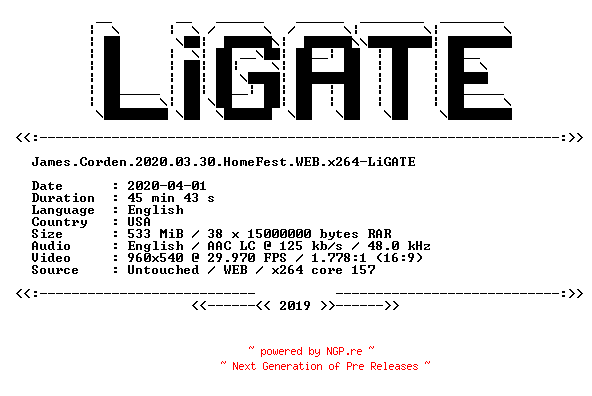 NFO for the release James.Corden.2020.03.30.HomeFest.WEB.x264-LiGATE by LiGATE