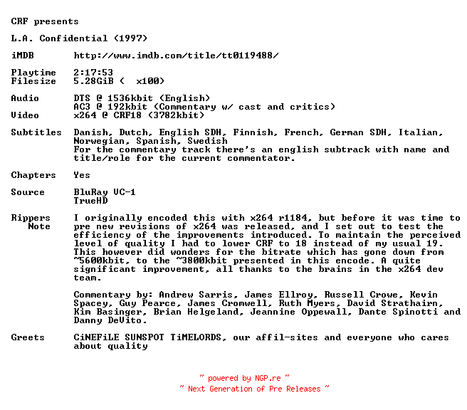 NFO for the release L.A.Confidential.1997.720p.BluRay.x264.iNT-CRF by CRF
