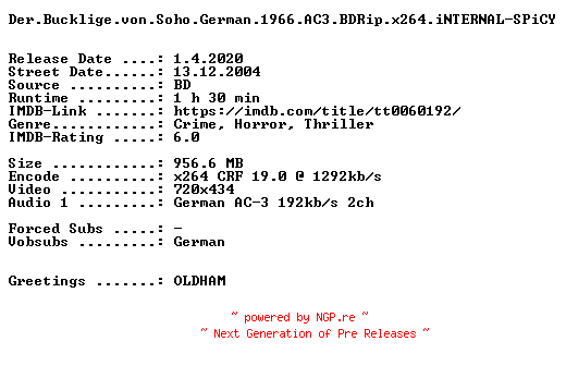 NFO for the release Der.Bucklige.von.Soho.German.1966.AC3.BDRip.x264.iNTERNAL-SPiCY by SPiCY
