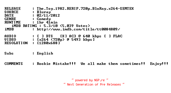 NFO for the release The.Toy.1982.RERIP.720p.BluRay.x264-SEMTEX by SEMTEX