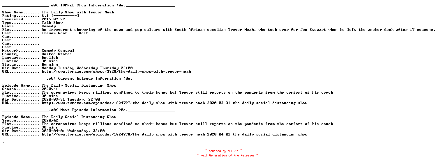 NFO for the release The.Daily.Show.2020.04.01.WEB.x264-XLF by XLF