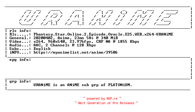 NFO for the release Phantasy.Star.Online.2.Episode.Oracle.E25.WEB.x264-URANiME by URANiME
