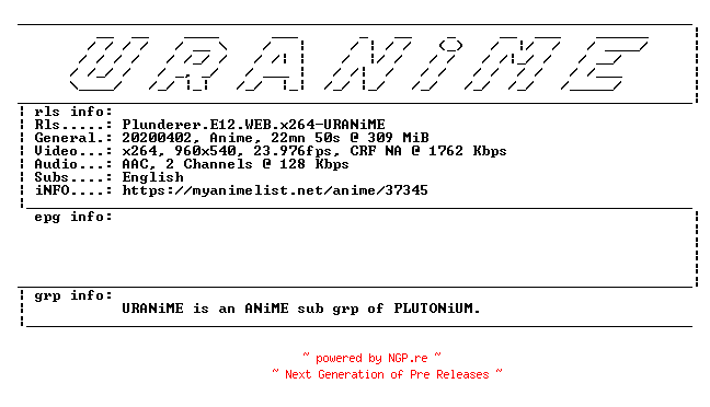 NFO for the release Plunderer.E12.WEB.x264-URANiME by URANiME