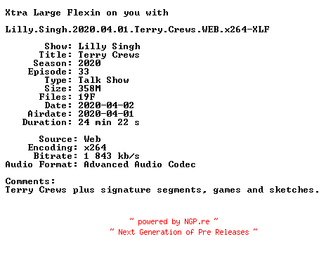 NFO for the release Lilly.Singh.2020.04.01.Terry.Crews.WEB.x264-XLF by XLF