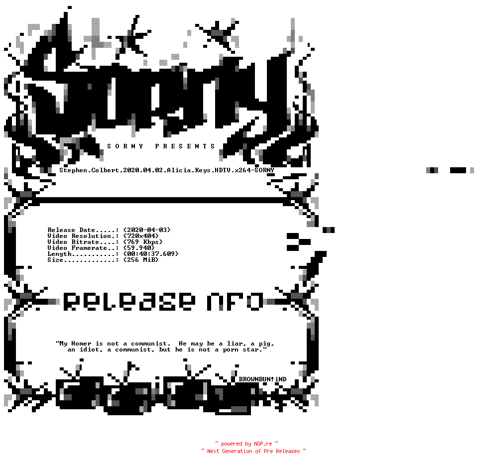 NFO for the release Stephen.Colbert.2020.04.02.Alicia.Keys.HDTV.x264-SORNY by SORNY