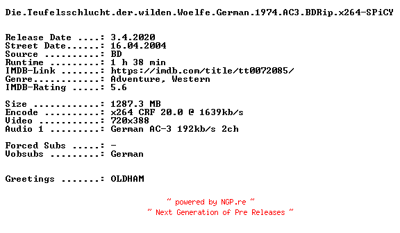NFO for the release Die.Teufelsschlucht.der.wilden.Woelfe.German.1974.AC3.BDRip.x264-SPiCY by SPiCY