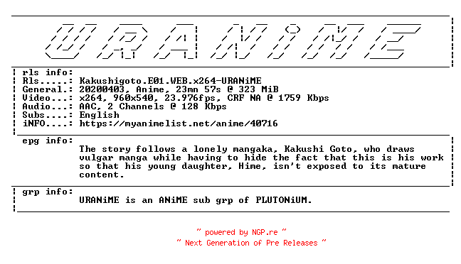 NFO for the release Kakushigoto.E01.WEB.x264-URANiME by URANiME
