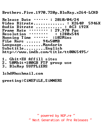 NFO for the release Brothers.Five.1970.720p.BluRay.x264-LCHD by LCHD