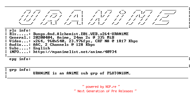 NFO for the release Bungo.And.Alchemist.E01.WEB.x264-URANiME by URANiME