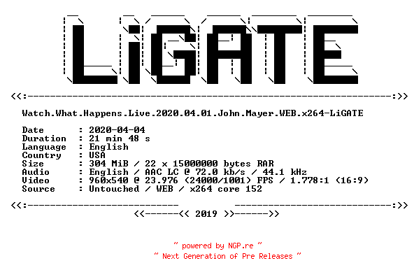 NFO for the release Watch.What.Happens.Live.2020.04.01.John.Mayer.WEB.x264-LiGATE by LiGATE