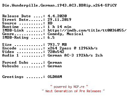 NFO for the release Die.Wunderpille.German.1943.AC3.BDRip.x264-SPiCY by SPiCY