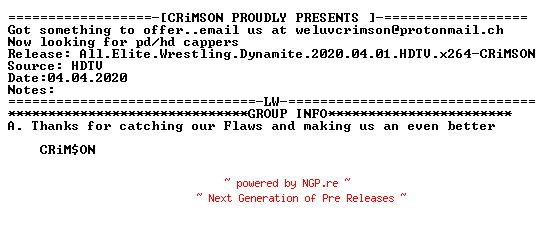 NFO for the release All.Elite.Wrestling.Dynamite.2020.04.01.HDTV.x264-CRiMSON by CRiMSON