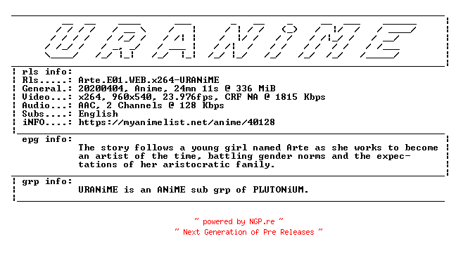 NFO for the release Arte.E01.WEB.x264-URANiME by URANiME