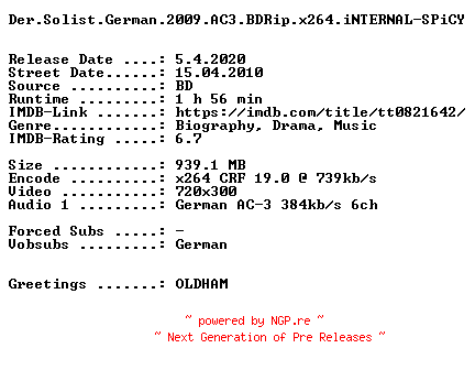 NFO for the release Der.Solist.German.2009.AC3.BDRip.x264.iNTERNAL-SPiCY by SPiCY