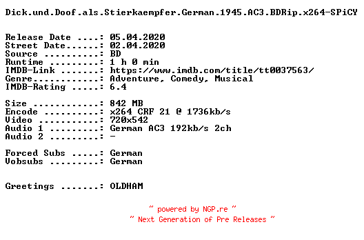 NFO for the release Dick.und.Doof.als.Stierkaempfer.German.1945.AC3.BDRip.x264-SPiCY by SPiCY