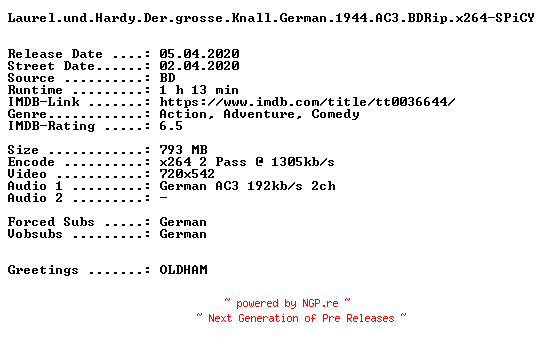 NFO for the release Laurel.und.Hardy.Der.grosse.Knall.German.1944.AC3.BDRip.x264-SPiCY by SPiCY