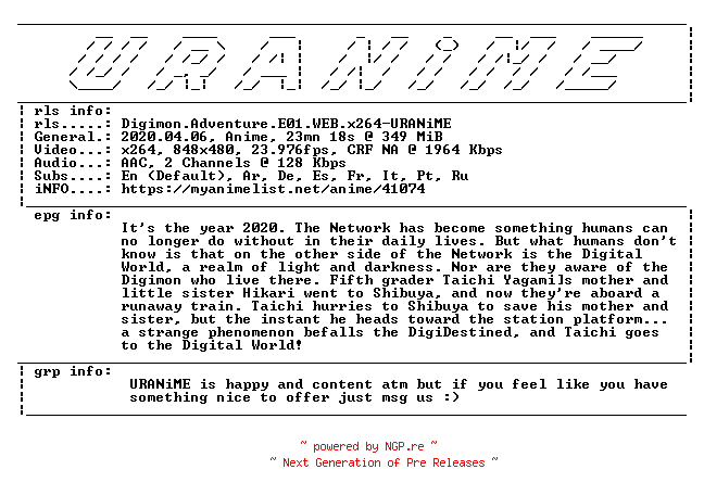 NFO for the release Digimon.Adventure.E01.WEB.x264-URANiME by URANiME
