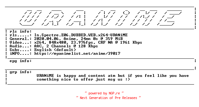 NFO for the release In.Spectre.E06.DUBBED.WEB.x264-URANiME by URANiME