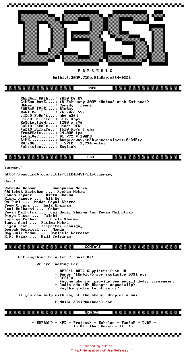 NFO for the release Delhi.6.2009.720p.BluRay.x264-D3Si by D3Si