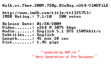 NFO for the release Hulk.vs.Thor.2009.720p.BluRay.x264-CiNEFiLE by CiNEFiLE