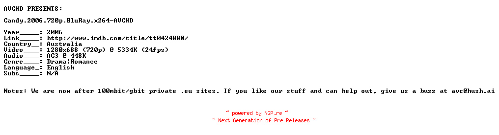 NFO for the release Candy.2006.720p.BluRay.x264-AVCHD by AVCHD