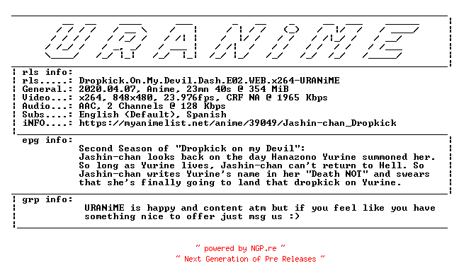 NFO for the release Dropkick.On.My.Devil.Dash.E02.WEB.x264-URANiME by URANiME
