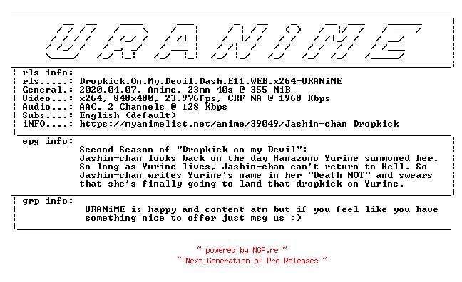 NFO for the release Dropkick.On.My.Devil.Dash.E11.WEB.x264-URANiME by URANiME