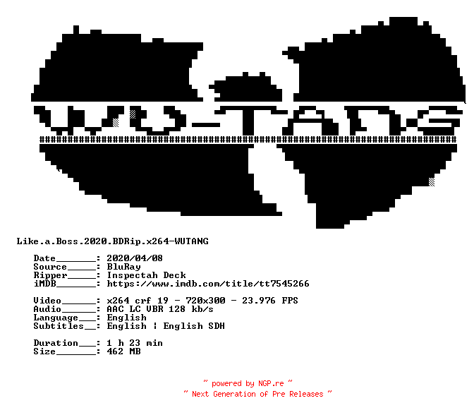 NFO for the release Like.a.Boss.2020.BDRip.x264-WUTANG by WUTANG