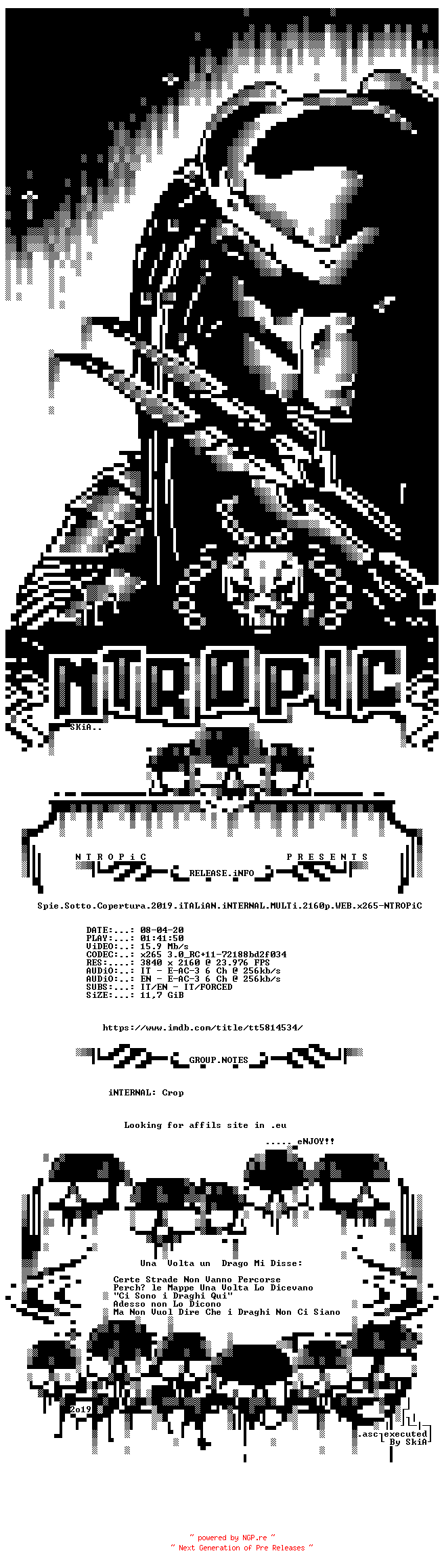 NFO for the release Spie.Sotto.Copertura.2019.iTALiAN.iNTERNAL.MULTi.2160p.WEB.x265-NTROPiC by NTROPiC