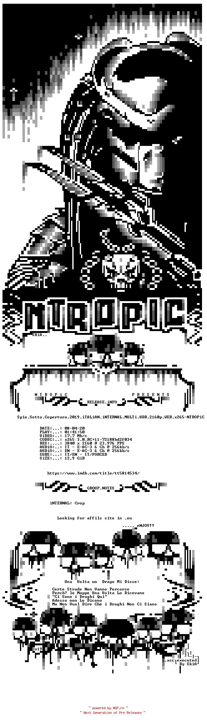 NFO for the release Spie.Sotto.Copertura.2019.iTALiAN.iNTERNAL.MULTi.HDR.2160p.WEB.x265-NTROPiC by NTROPiC