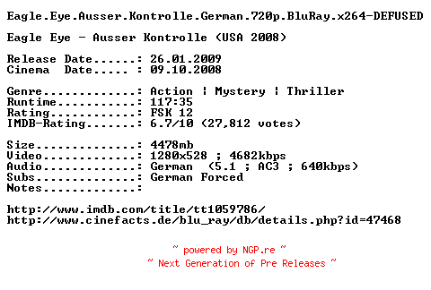 NFO for the release Eagle.Eye.Ausser.Kontrolle.German.720p.BluRay.x264-DEFUSED by DEFUSED