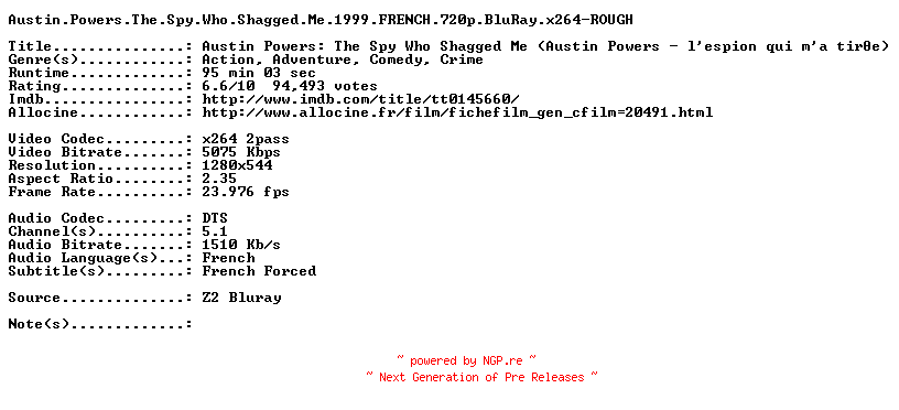 NFO for the release Austin.Powers.The.Spy.Who.Shagged.Me.1999.FRENCH.720p.BluRay.x264-ROUGH by ROUGH