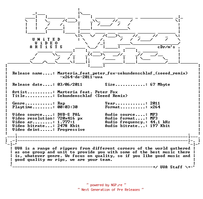 NFO for the release Marteria_feat_peter_fox-sekundenschlaf_(seeed_remix)-x264-de-2011-uva by uva