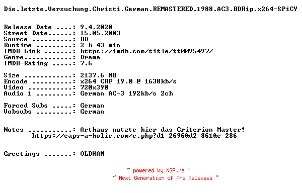 NFO for the release Die.letzte.Versuchung.Christi.German.REMASTERED.1988.AC3.BDRip.x264-SPiCY by SPiCY