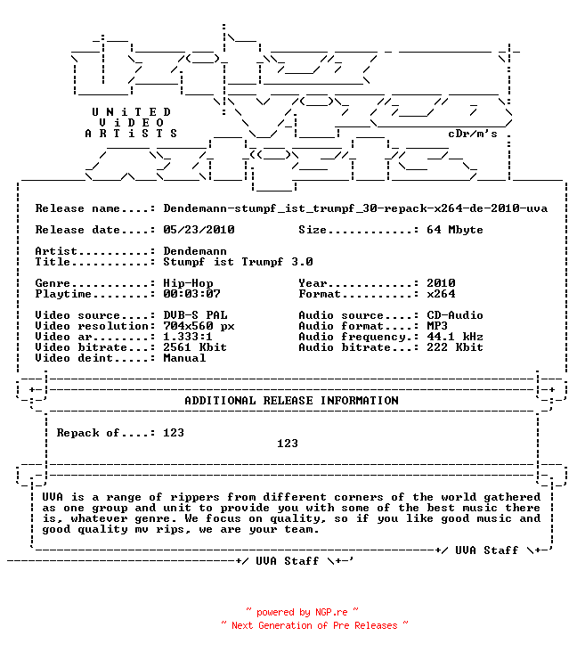 NFO for the release Dendemann-stumpf_ist_trumpf_30-repack-x264-de-2010-uva by uva