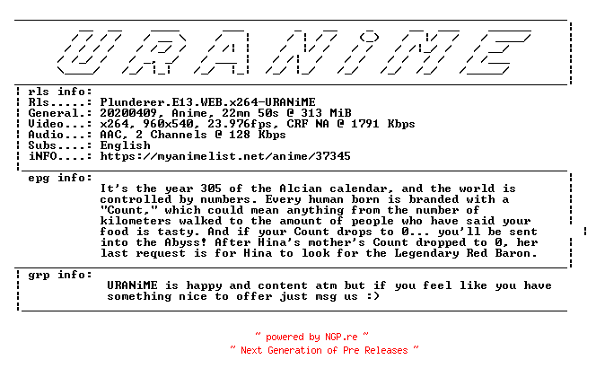 NFO for the release Plunderer.E13.WEB.x264-URANiME by URANiME
