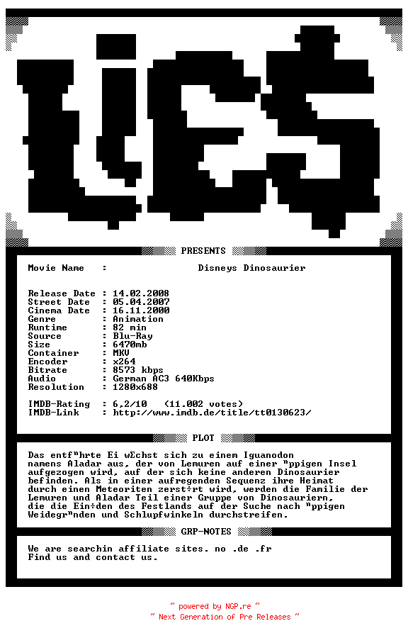 NFO for the release Disneys.Dinosaurier.2000.GERMAN.AC3.720p.BluRay.x264-LieS by LieS