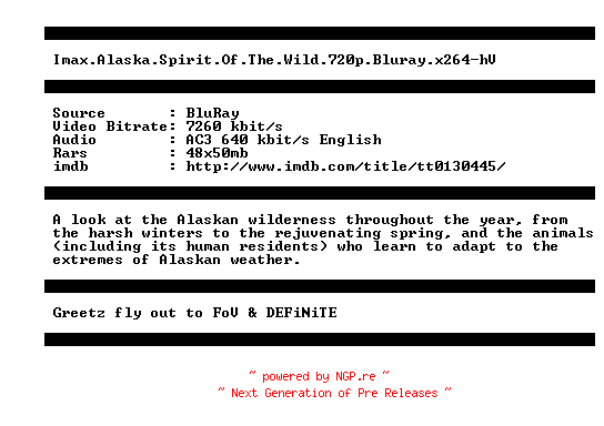 NFO for the release Imax.Alaska.Spirit.Of.The.Wild.720p.Bluray.x264-hV by hV