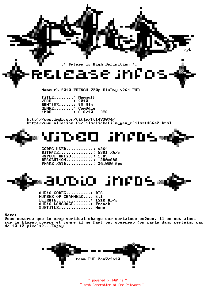 NFO for the release Mammuth.2010.FRENCH.720p.BluRay.x264-FHD by FHD
