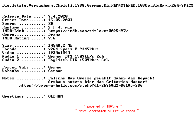 NFO for the release Die.letzte.Versuchung.Christi.1988.German.DL.REMASTERED.1080p.BluRay.x264.REPACK-SPiCY by SPiCY